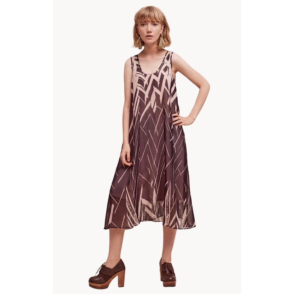 Anthropologie Silk Midi Dress Size M Pink Black Layered Slip Abstract Sheer Boho